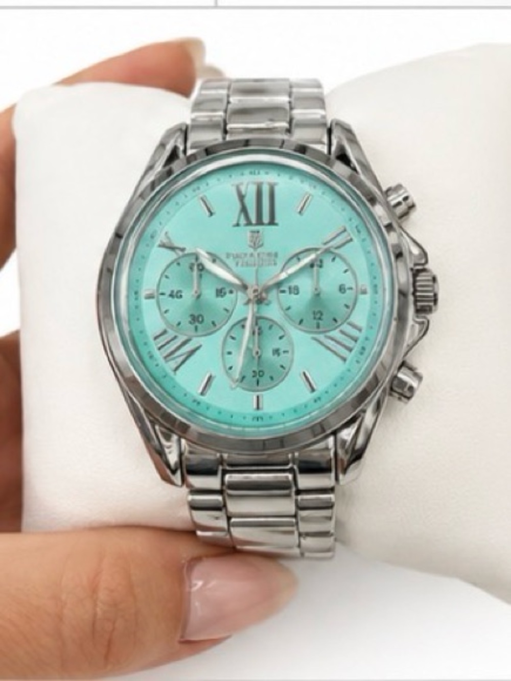 Montres Prestige Silver Bracelet Chronograph Watch with Mint Dial